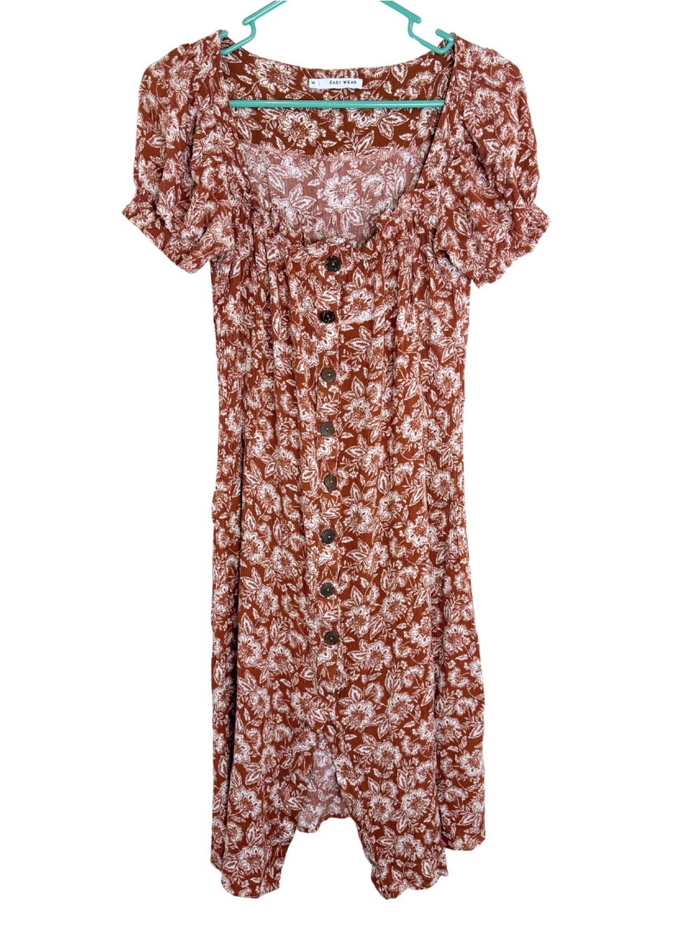 3/$20 Easy Wear Rust Floral Button Front Knee Length Dress with Puff Sleeves